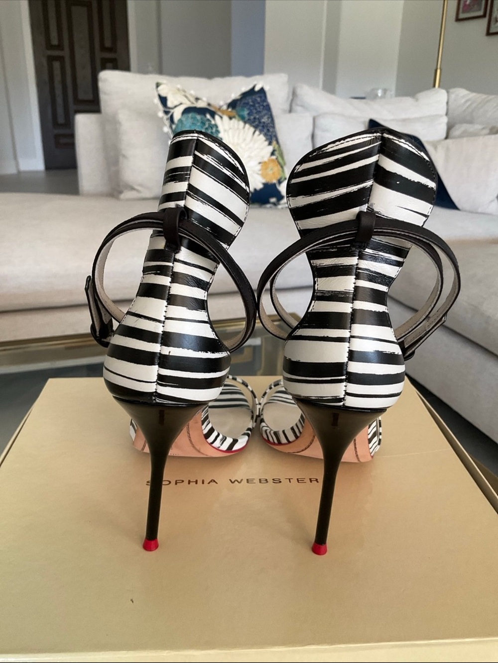 Sophia Webster Nicole black/white stripe red trim double ankle strap heels, 38.5 - Picture 5 of 13